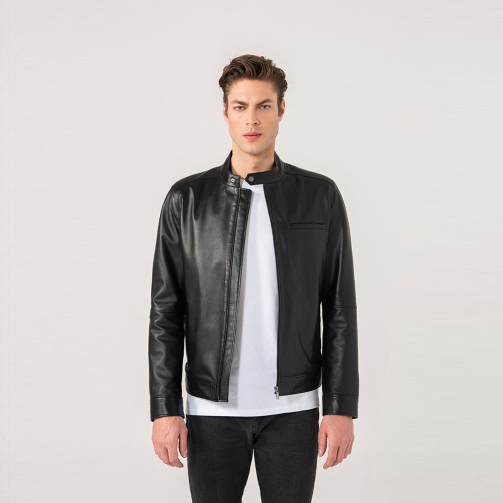 Men Sports Black Leather Jacket