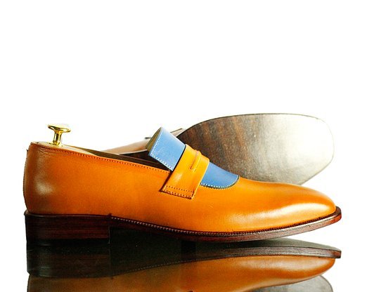 Handmade Men's Tan Blue Leather Penny Loafer Shoes, Men Dress Fashion Shoes