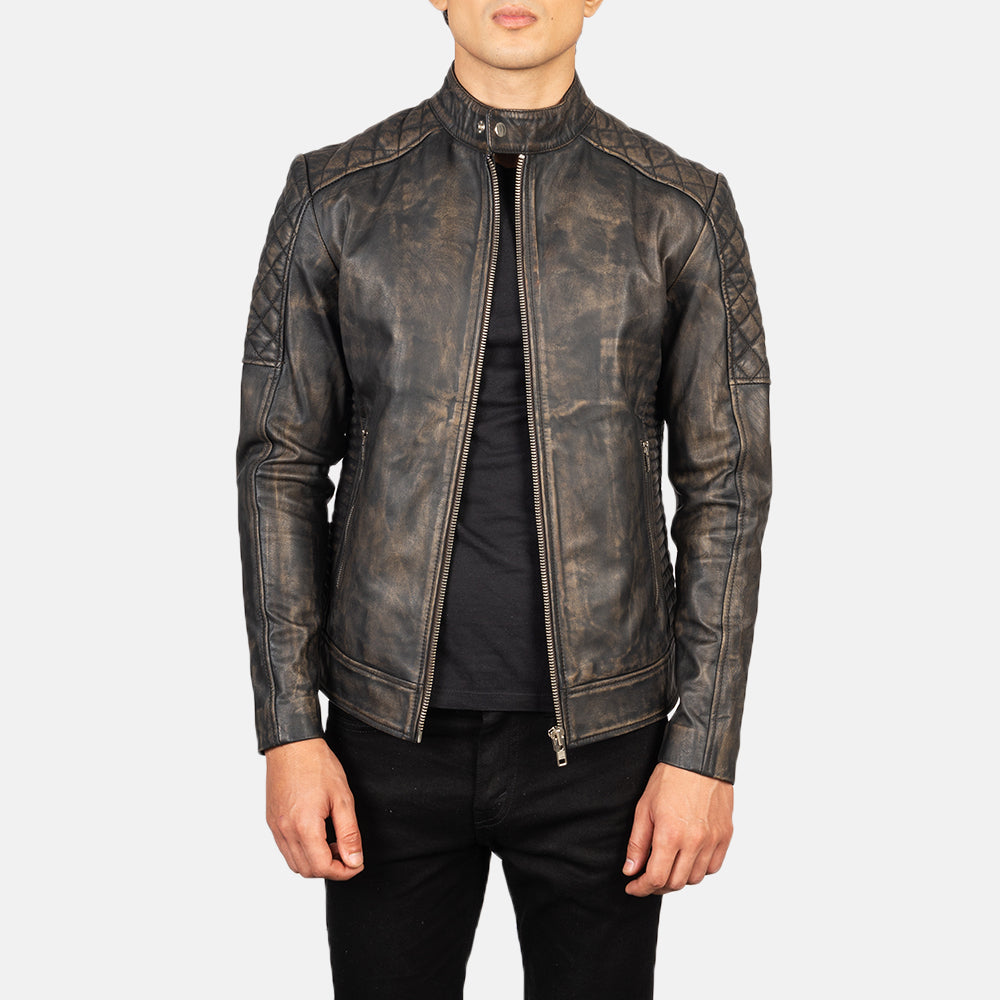 Fernando Quilted Distressed Brown Leather Biker Jacket - Kualited