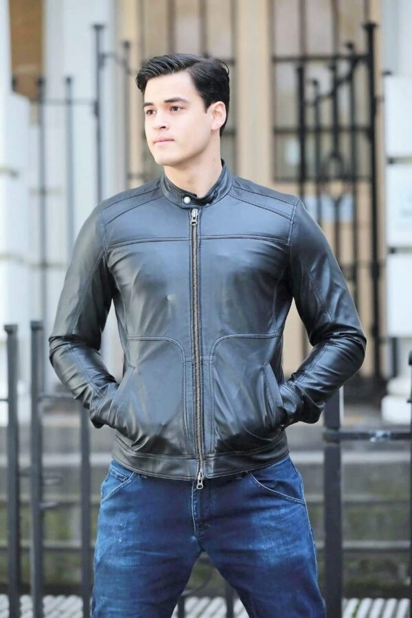 Men’s Black Leather Jacket Crew Neck - Kualited