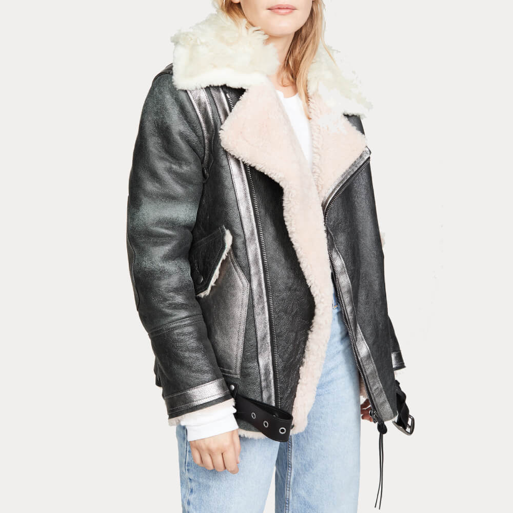 Black Oversized Shearling Aviator Leather Jacket