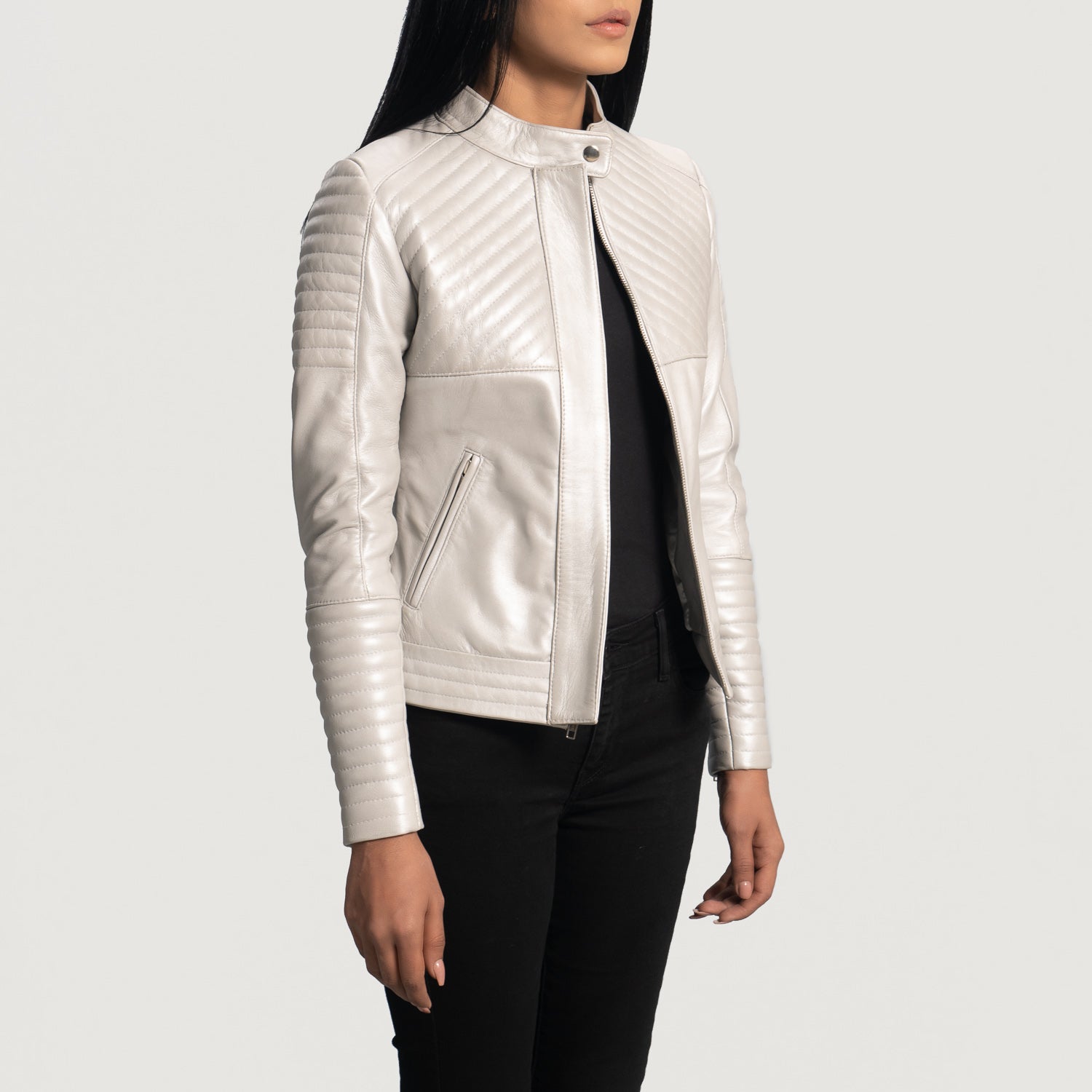 Ice Maiden Silver Quilted Leather Biker Jacket