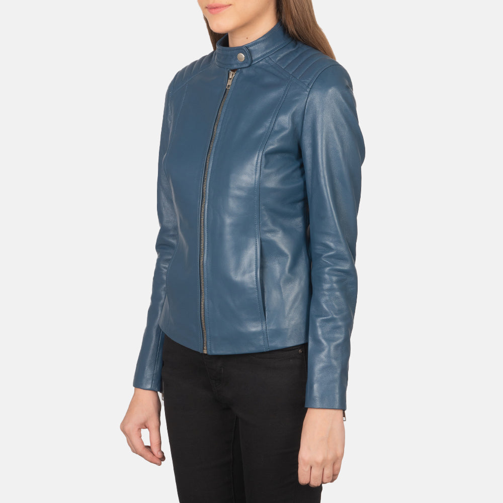 Kelsee Blue Leather Biker Jacket - Kualited