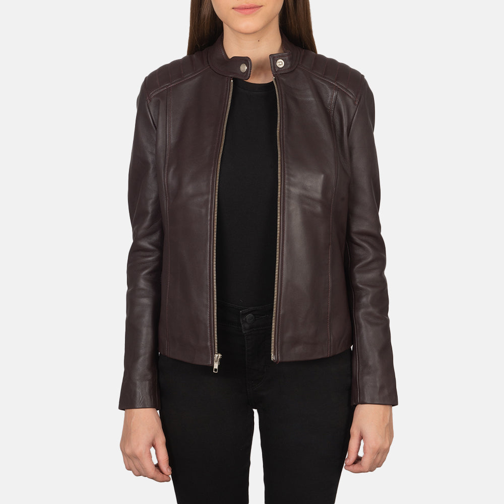 Kelsee Maroon Leather Biker Jacket - Kualited