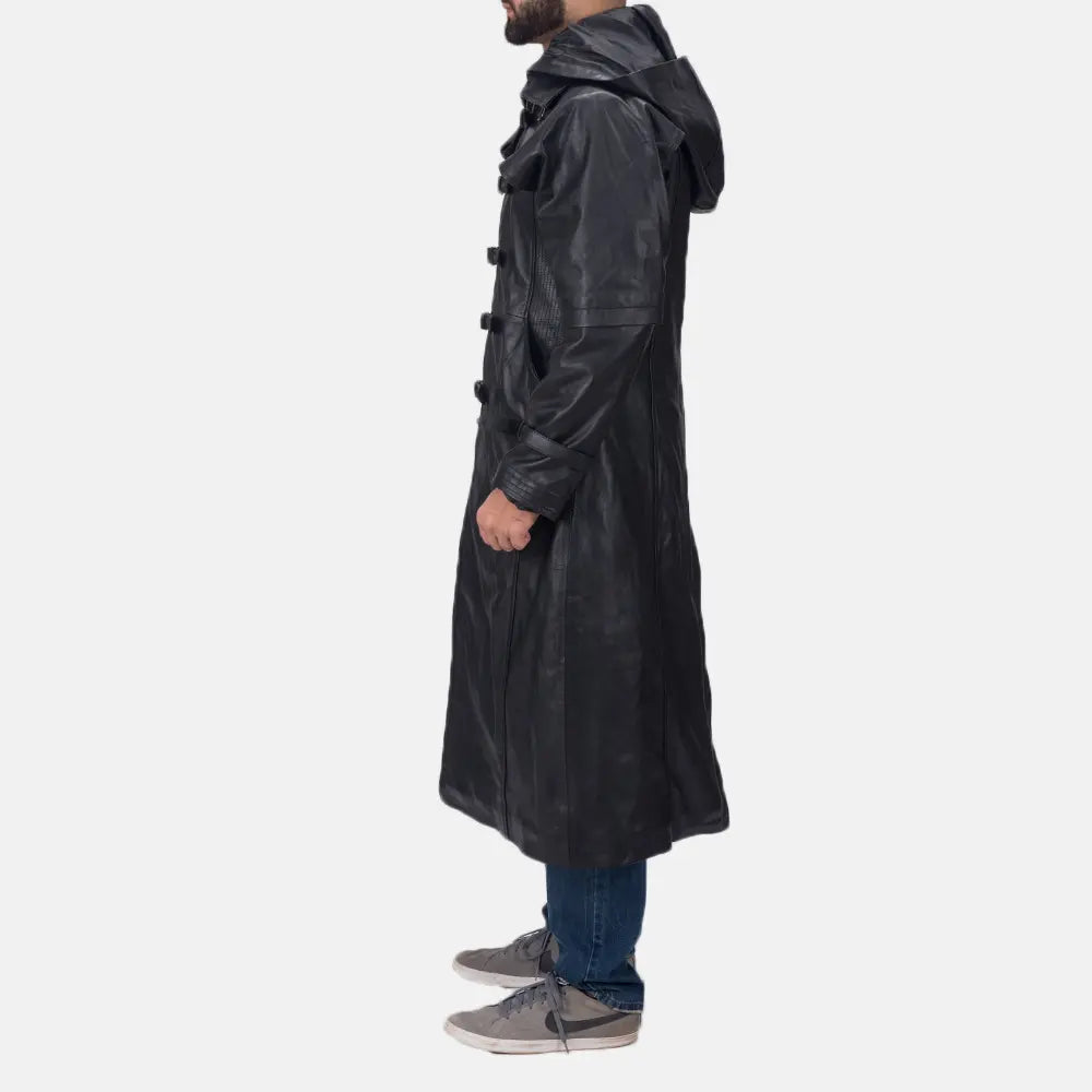 Huntsman Black Hooded Leather Trench Coat