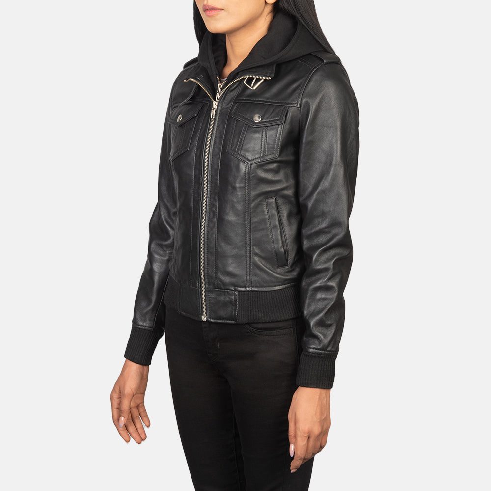 Roslyn Black Hooded Leather Bomber Jacket - Kualited