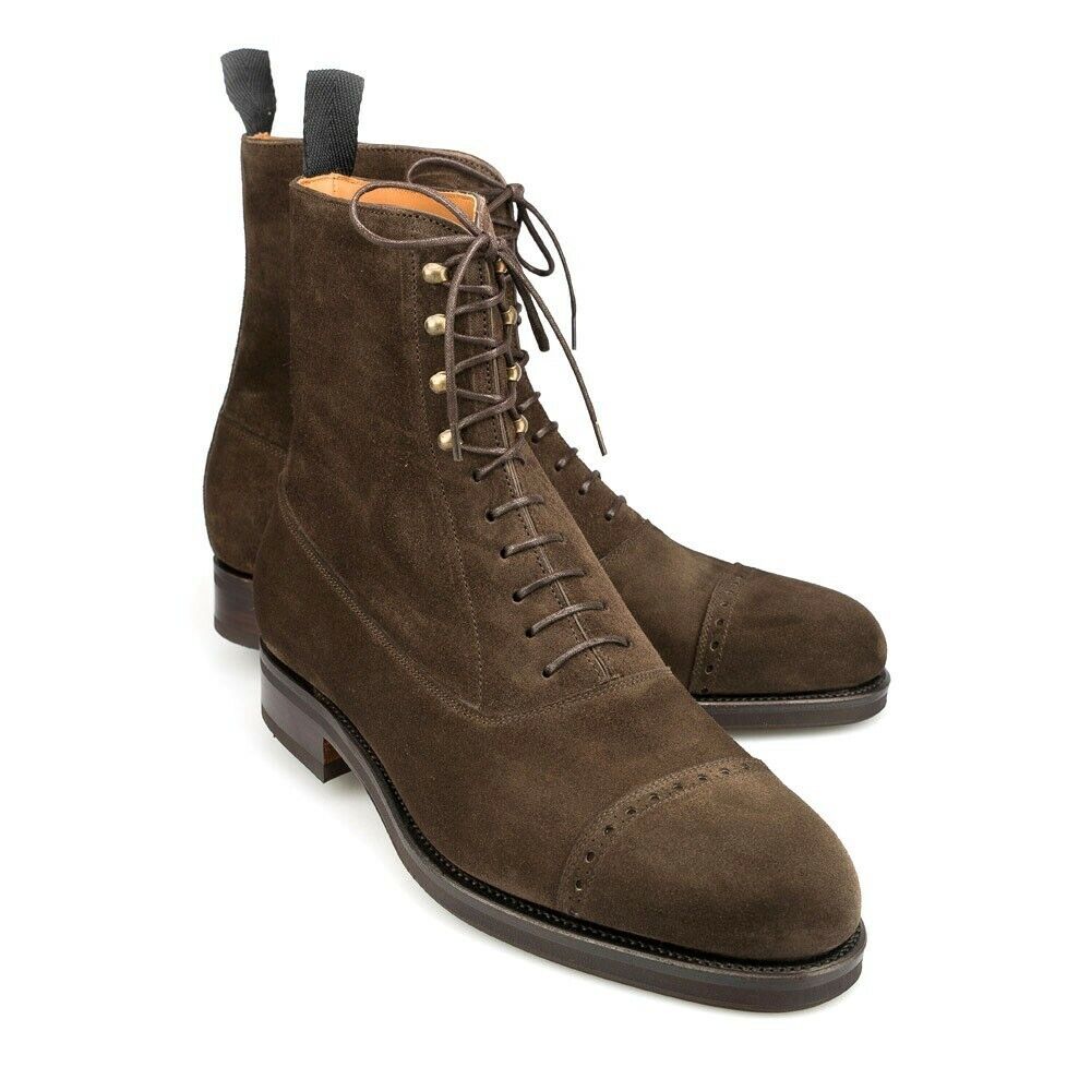 Handmade Men’s Ankle High Suede Boots, Men’s Brown Color Cap Toe Lace Up Boots