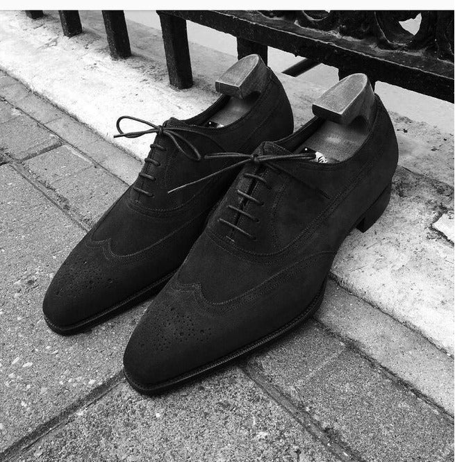 Handmade Men Black Suede Wingtip Shoes, Black Formal Shoes, Mens Shoes