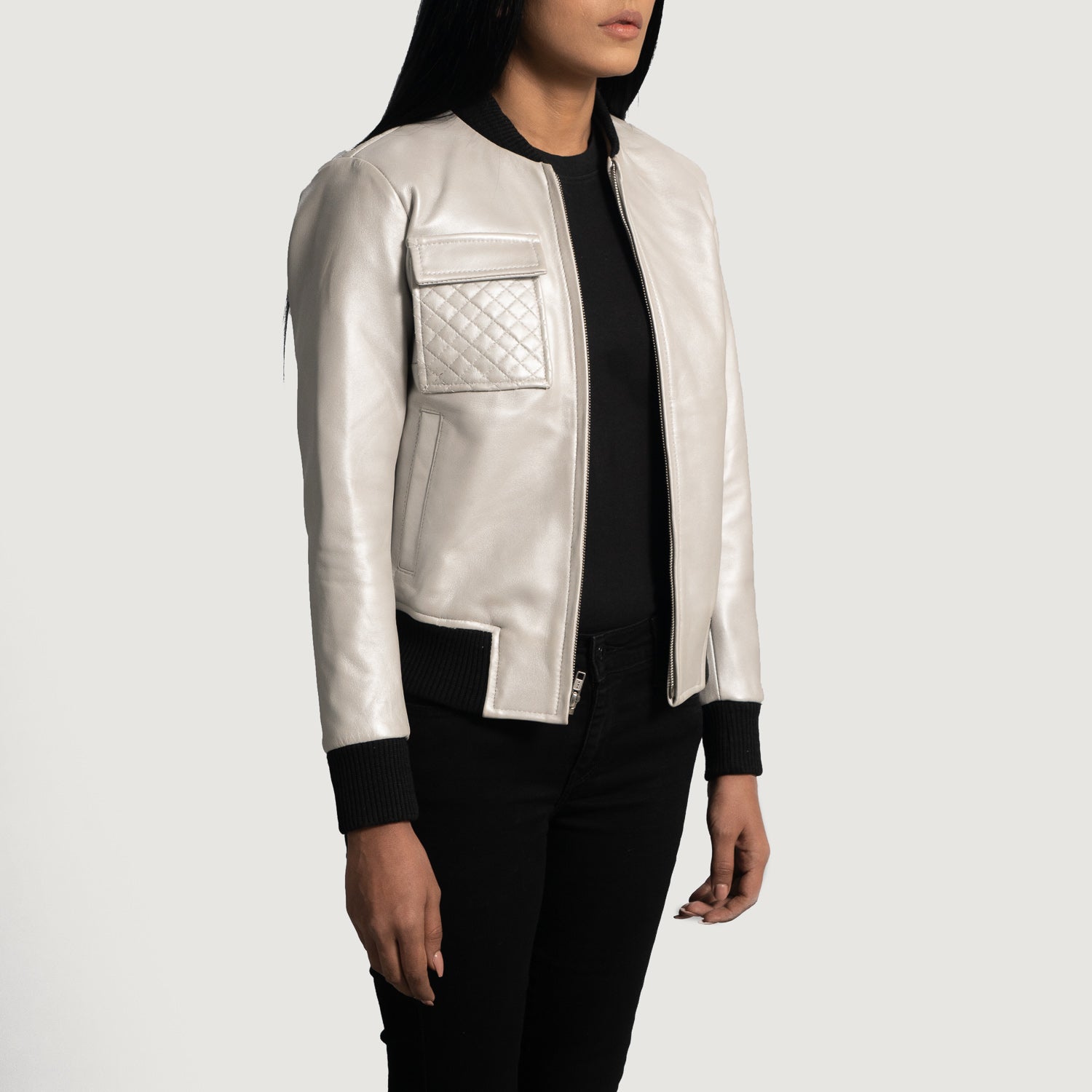 Lana Silver Leather Bomber Jacket - Kualited