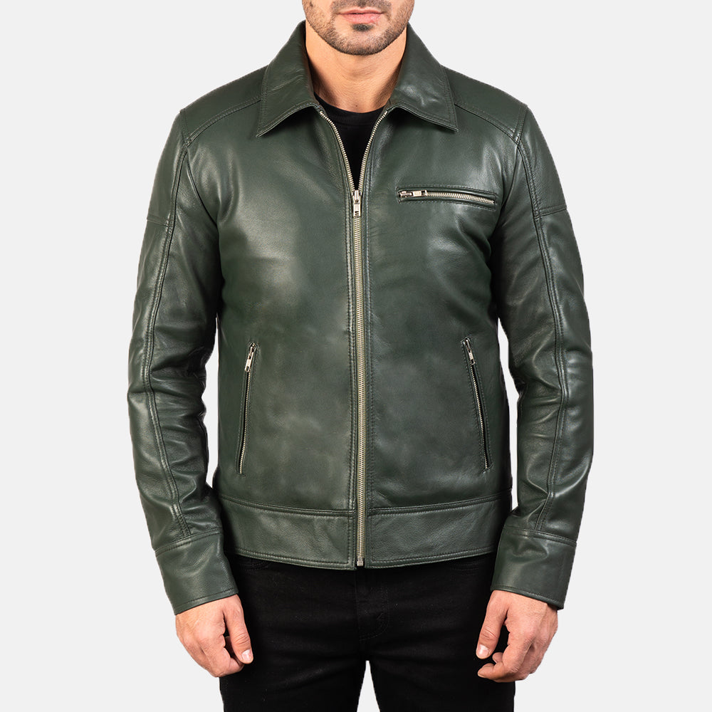 Lavendard Green Leather Biker Jacket