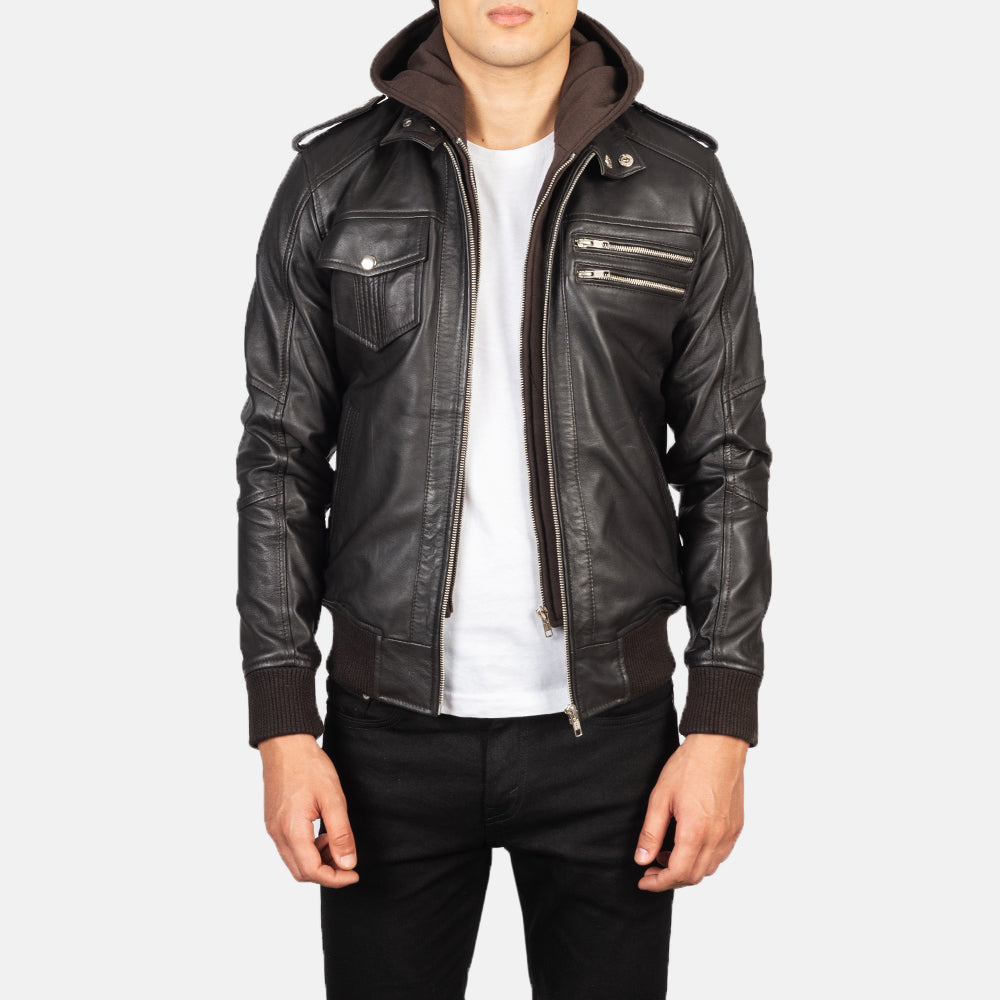 Bravado Brown Hooded Leather Bomber Jacket - Kualited