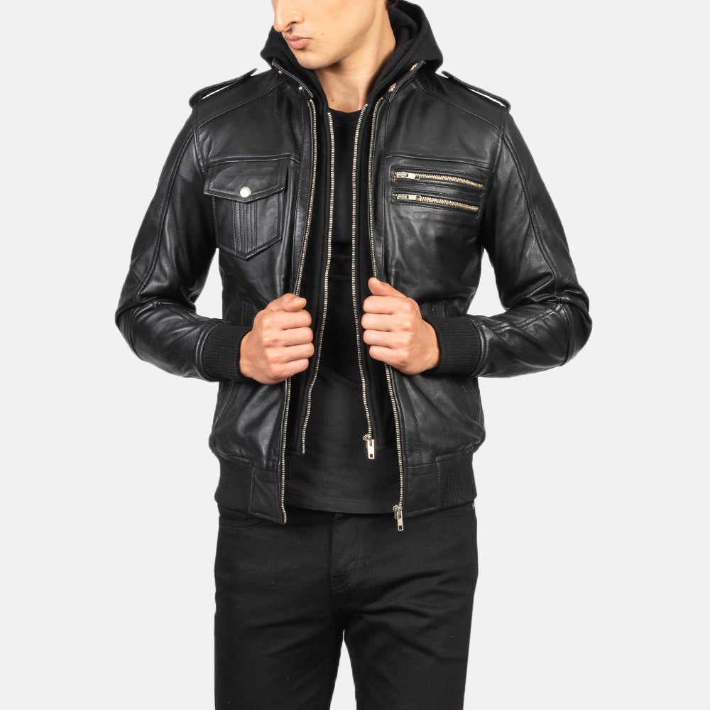 Bravado Black Hooded Leather Bomber Jacket - Kualited