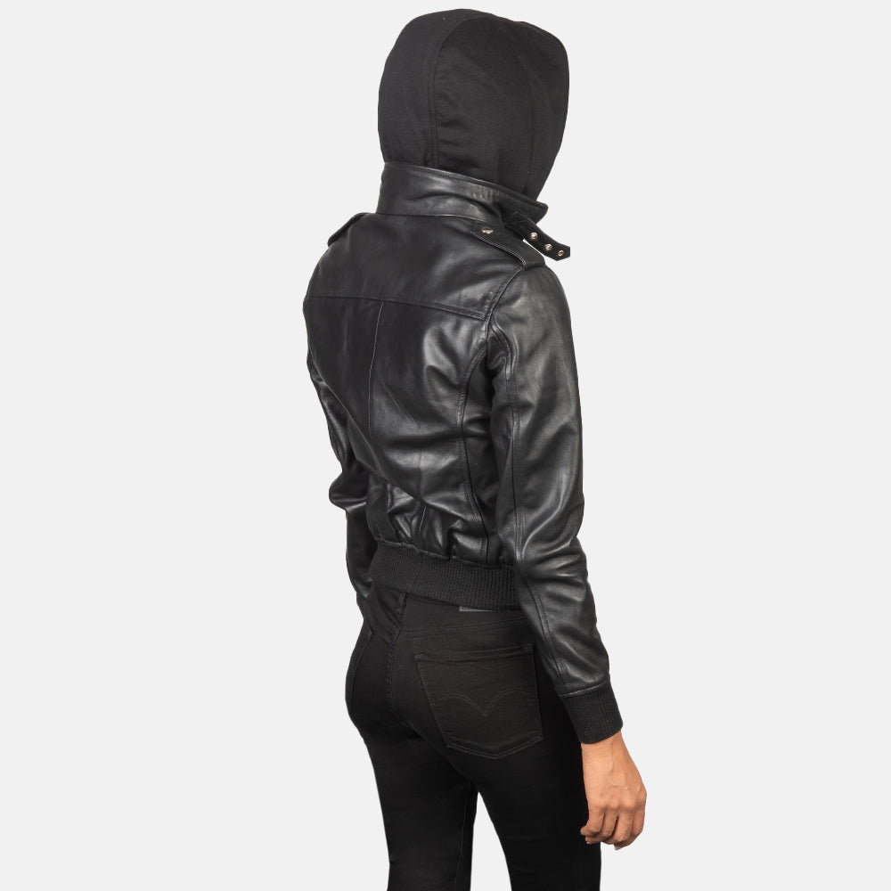 Roslyn Black Hooded Leather Bomber Jacket - Kualited