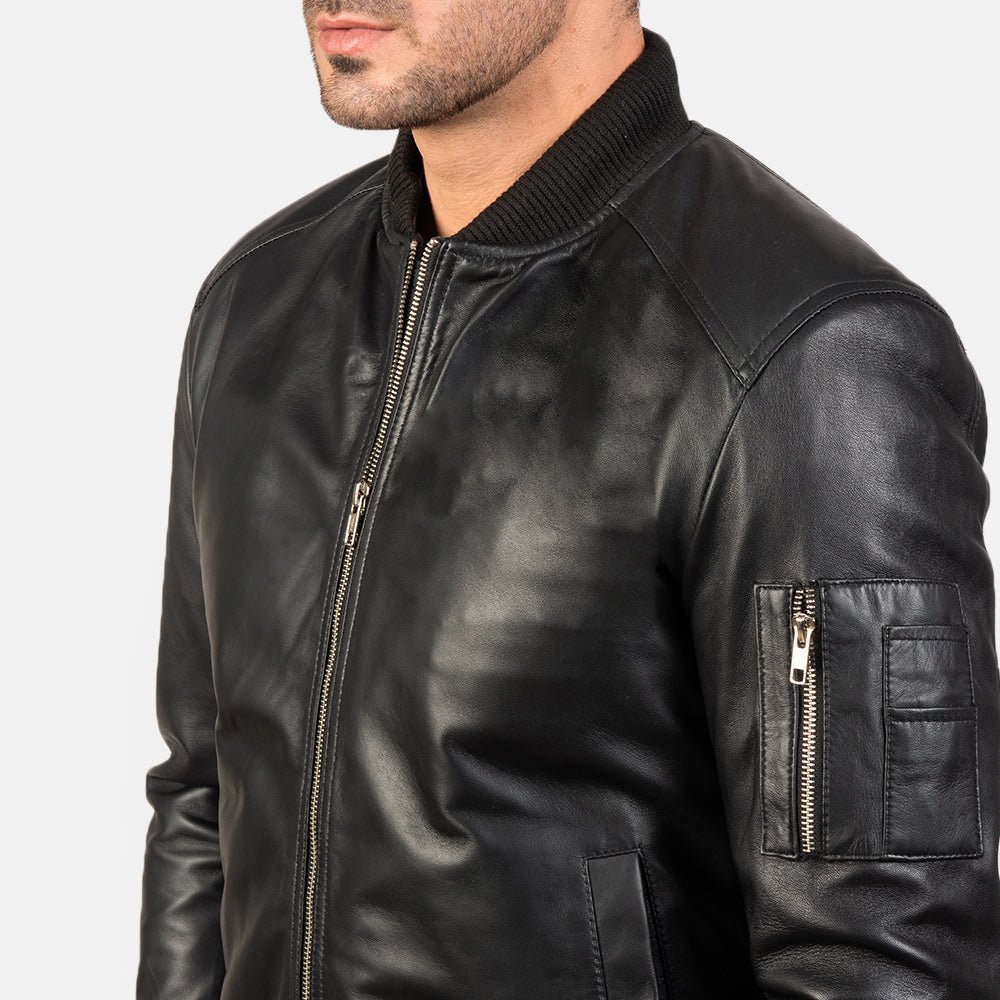 Bomia Ma-1 Black Leather Bomber Jacket - Kualited