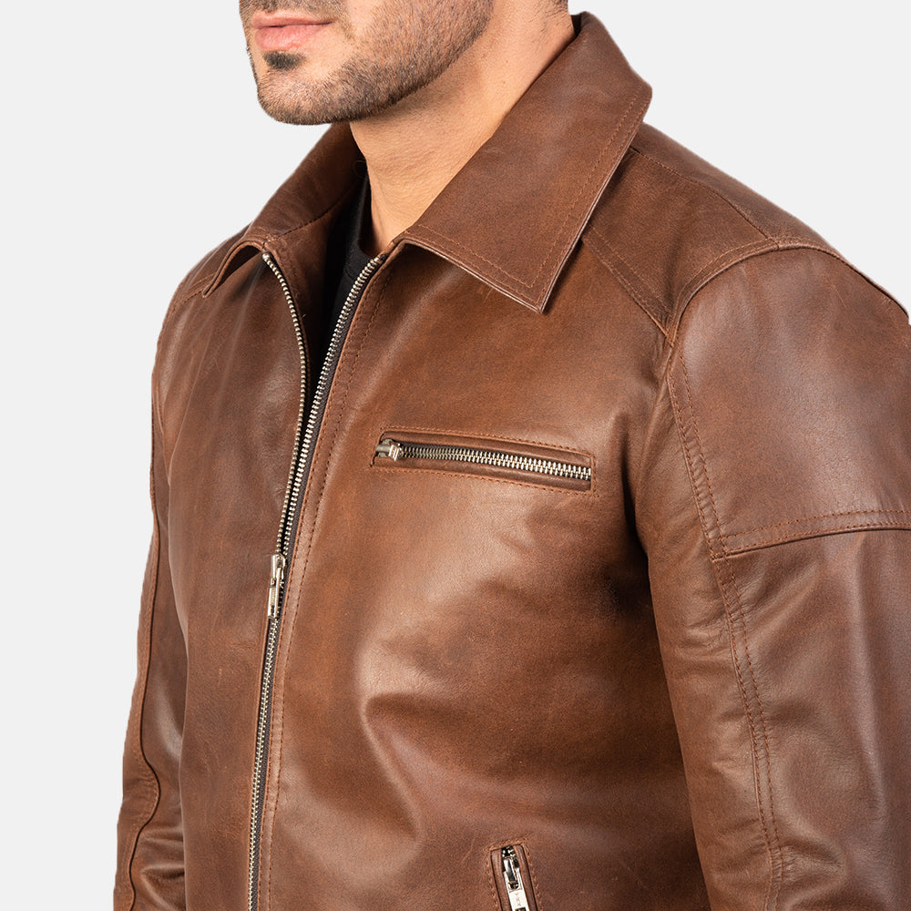 Lavendard Brown Leather Biker Jacket - Kualited