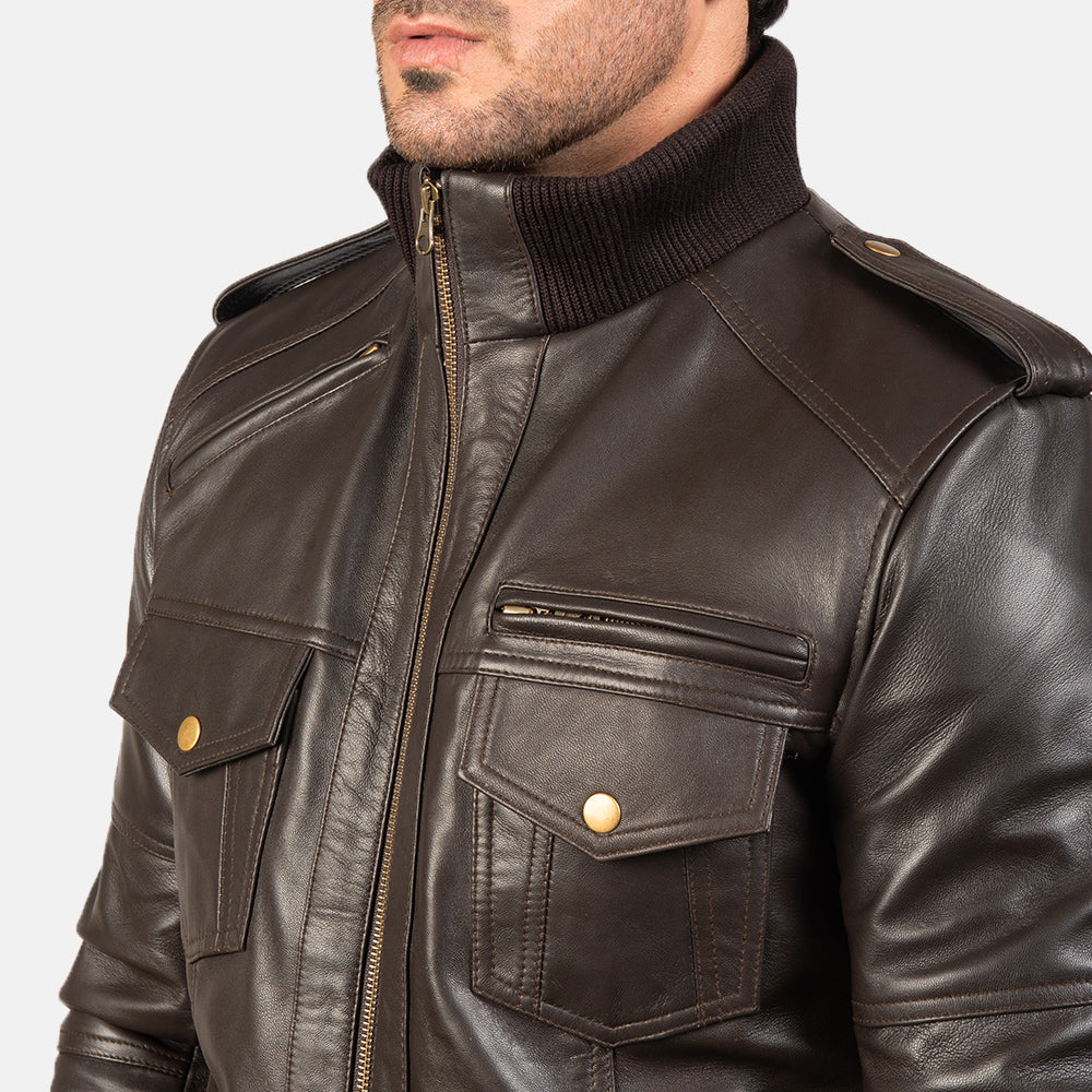 Agent Shadow Brown Leather Bomber Jacket - Kualited