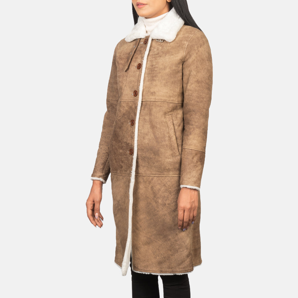 Alina Shearling Brown Leather Coat - Kualited