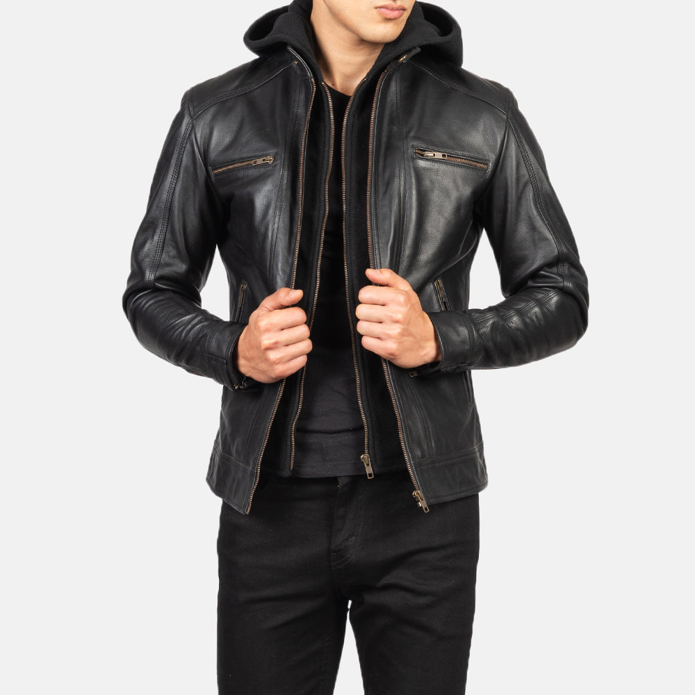 Hector Black Hooded Leather Biker Jacket - Kualited