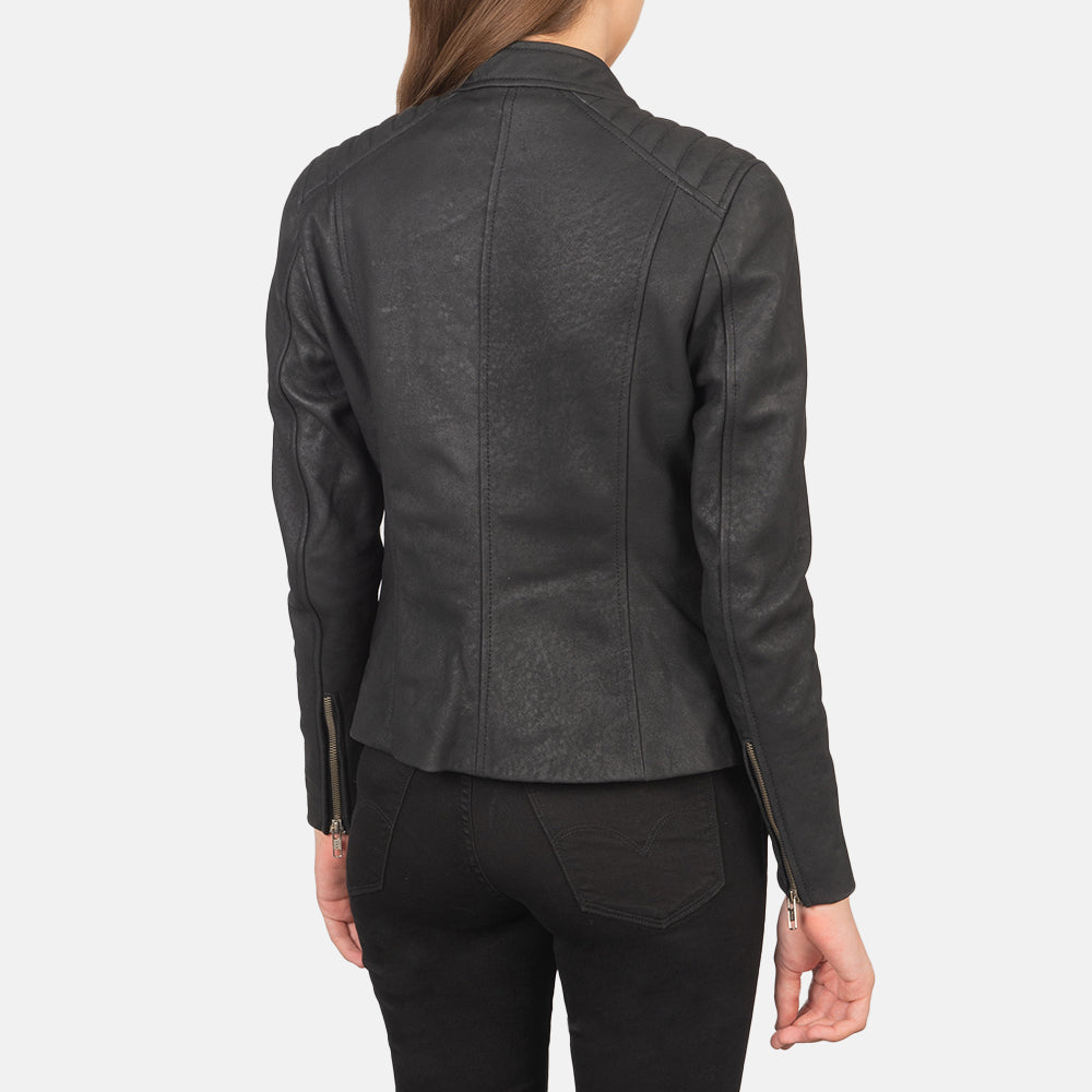 Kelsee Distressed Black Leather Biker Jacket - Kualited