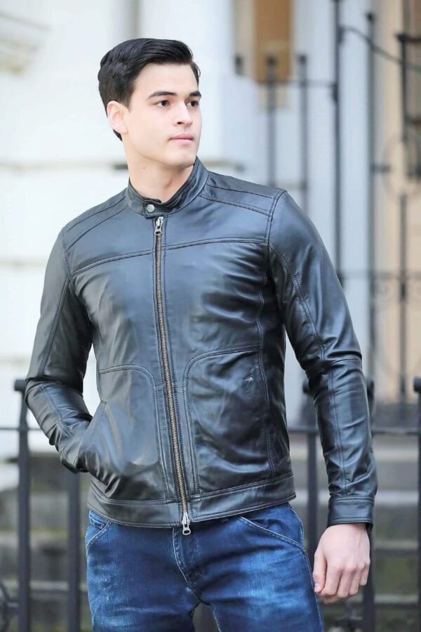 Men’s Black Leather Jacket Crew Neck - Kualited