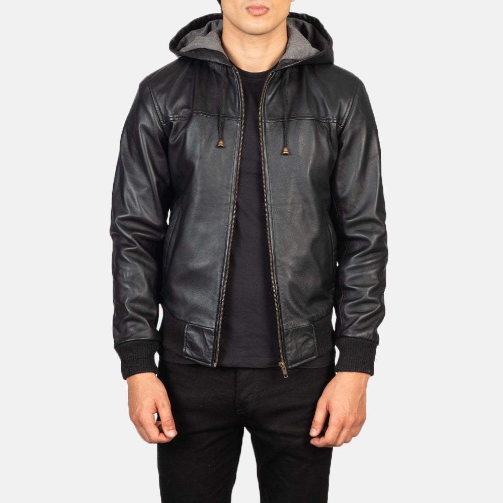 Nintenzo Black Hooded Leather Bomber Jacket - Kualited