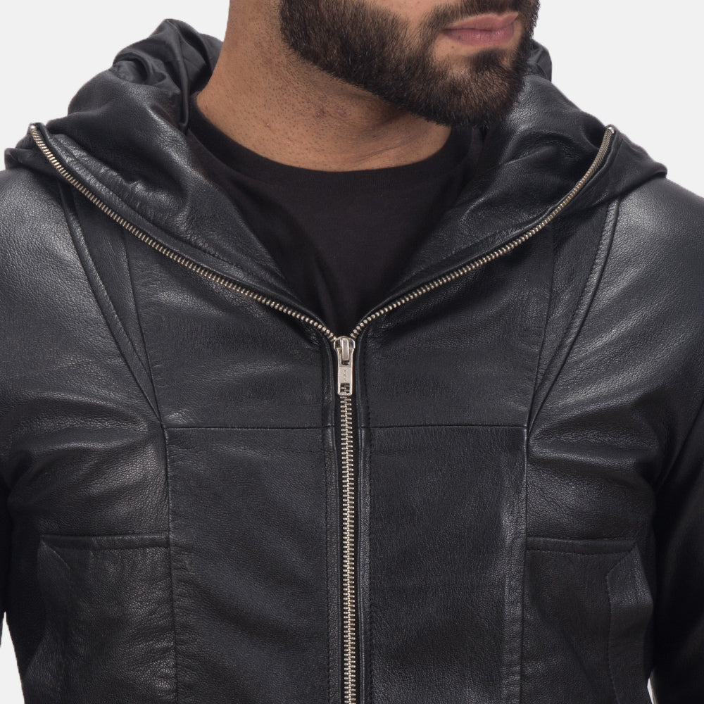 Spratt Black Hooded Leather Jacket - Kualited