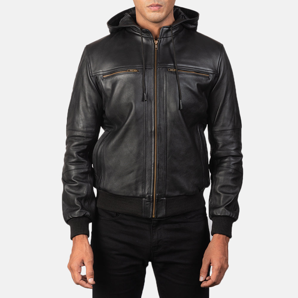 Bouncer Biz Black Leather Bomber Jacket - Kualited