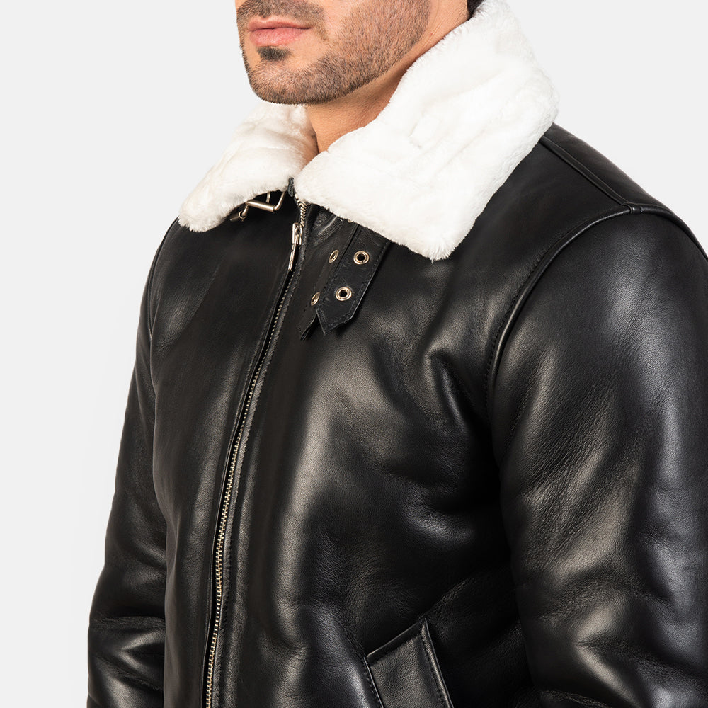 Francis B-3 Black & White Leather Bomber Jacket - Kualited