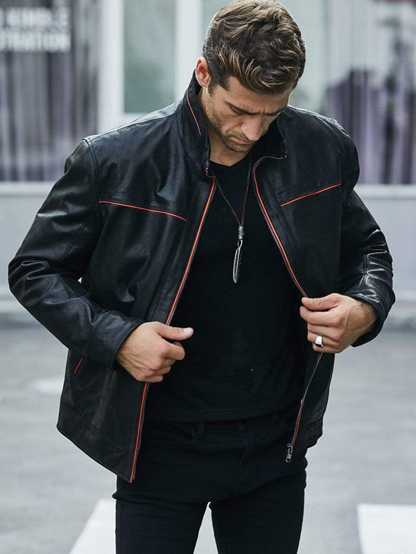 Men’s Black Leather Jacket With Red Stripes - Kualited