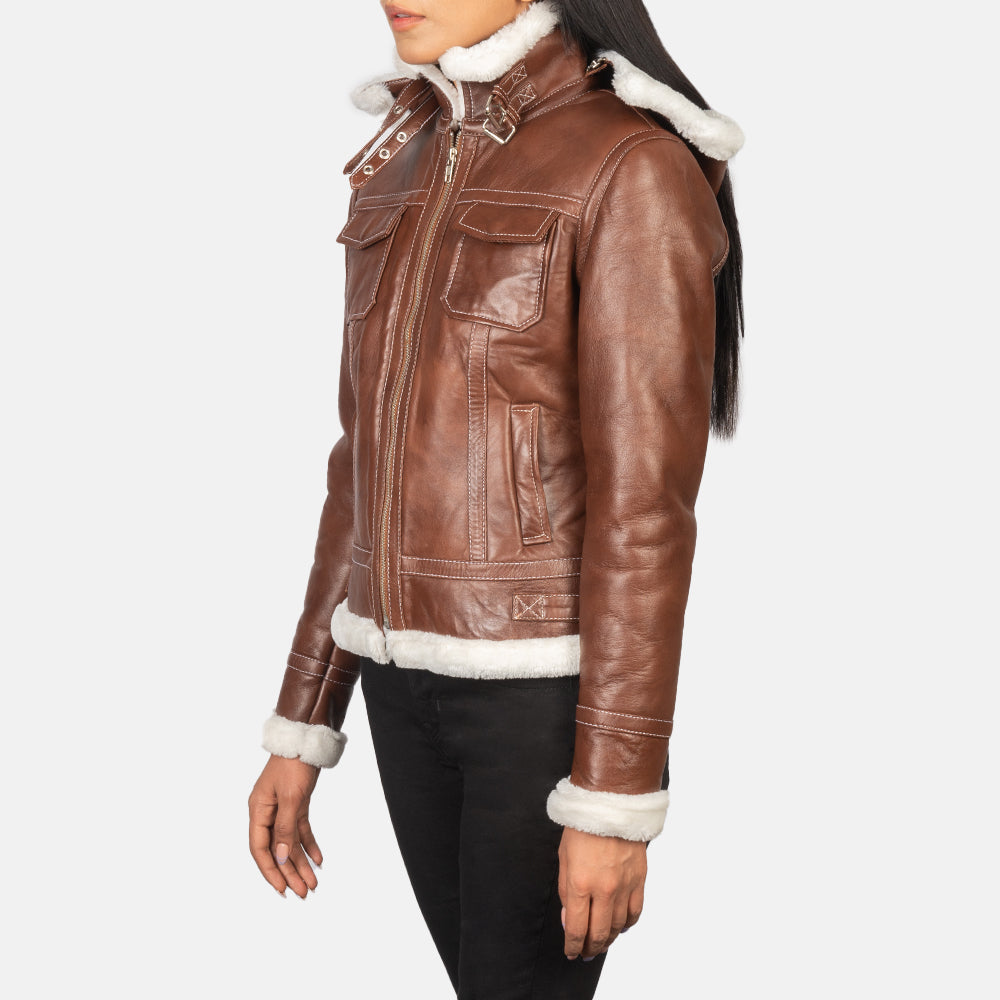 Fiona Brown Hooded Shearling Leather Jacket - Kualited