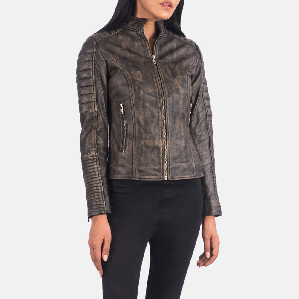 Adalyn Quilted Distressed Brown Leather Biker Jacket - Kualited