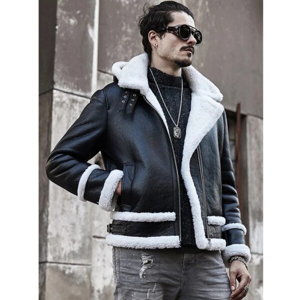 Men’s Aviator Removable Hood Black Leather White Shearling Jacket - Kualited