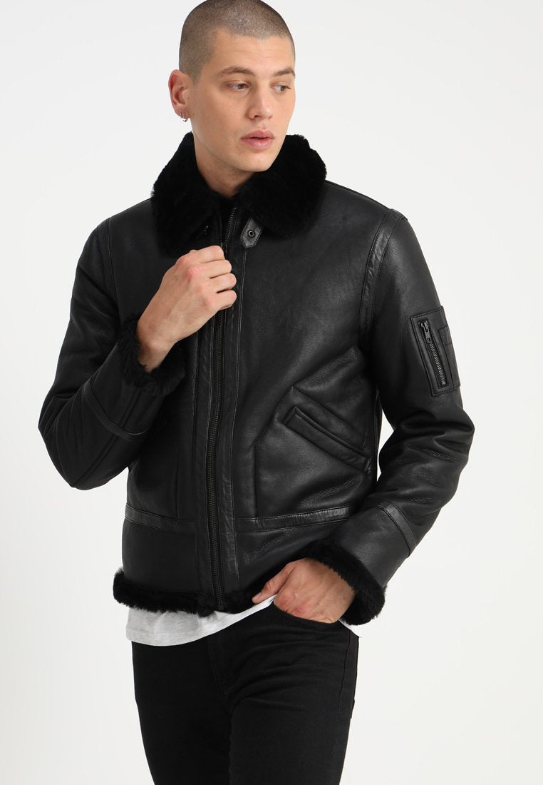 Men’s Aviator Black Leather Shearling Jacket - Kualited