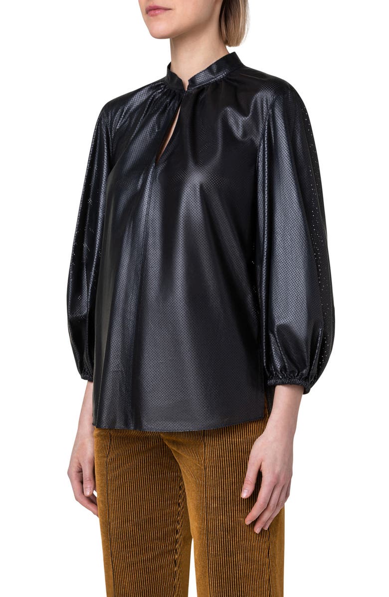 Perforated Bishop Sleeve Lambskin Leather Shirt