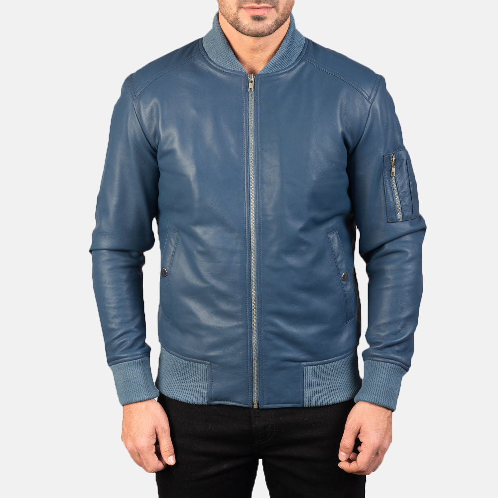 Bomia Ma-1 Blue Leather Bomber Jacket - Kualited