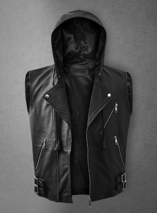 Men’s Black Leather Biker Hooded Vest - Kualited