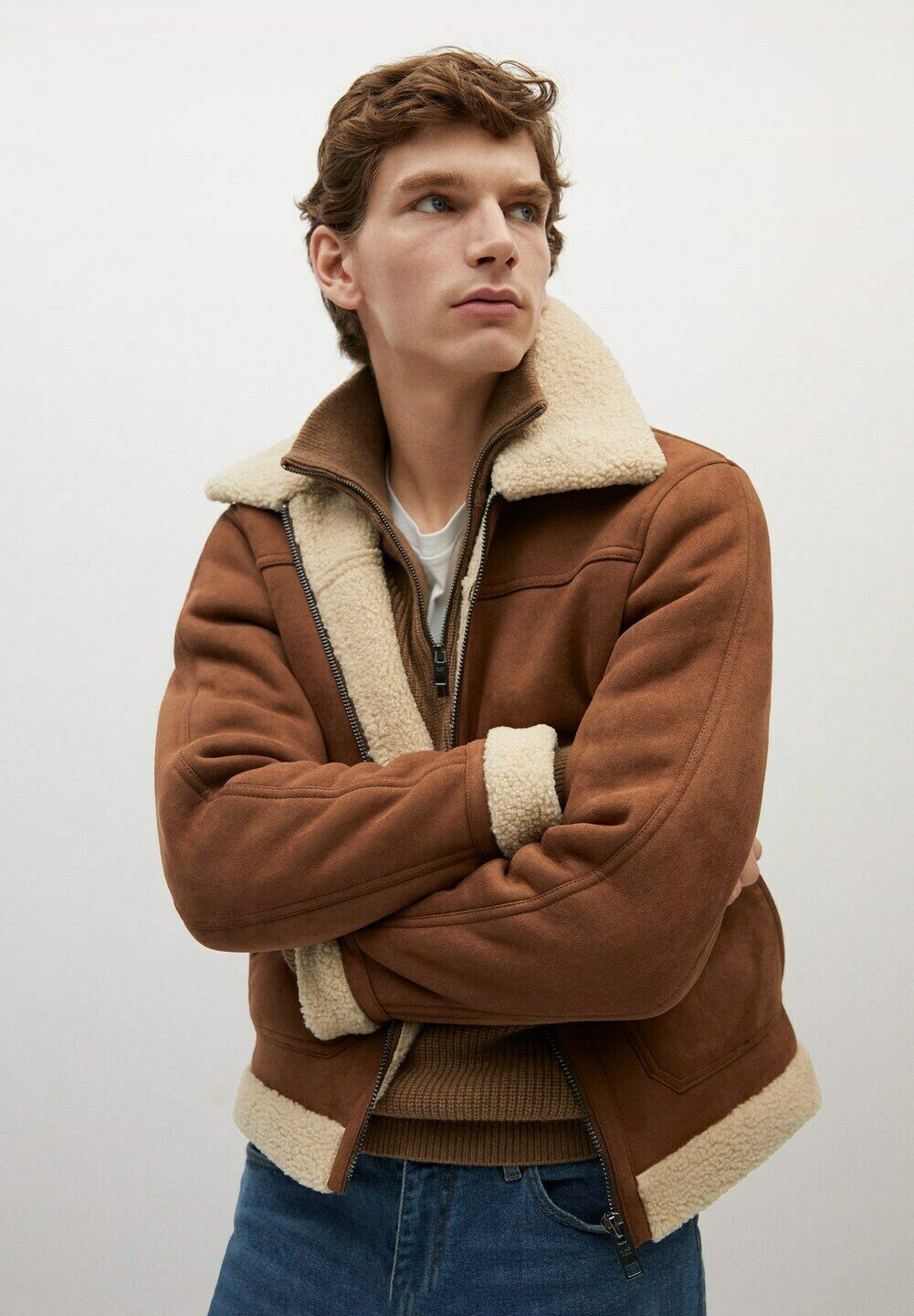 Men’s Aviator Tan Brown Leather Shearling Jacket - Kualited