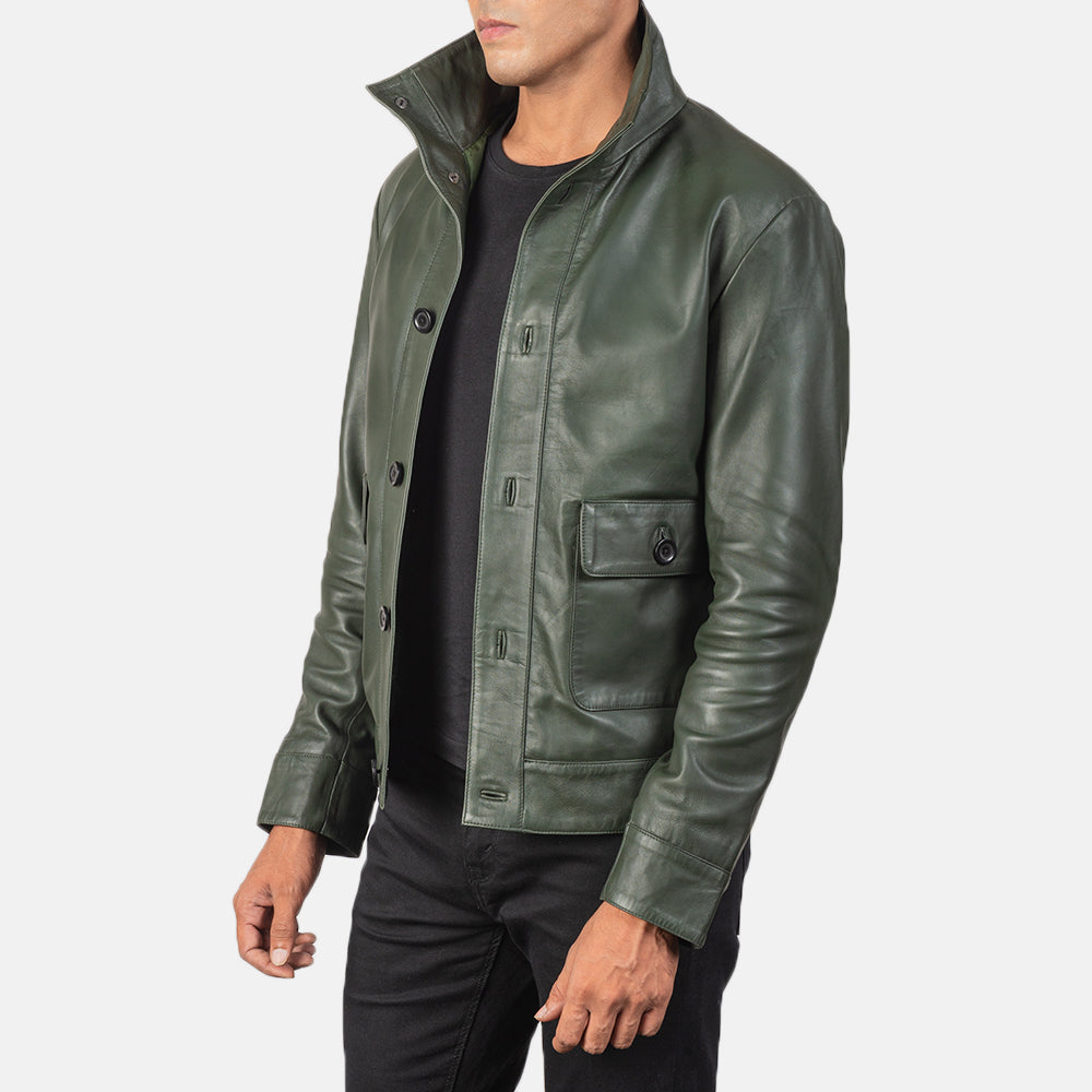 Columbus Green Leather Bomber Jacket - Kualited