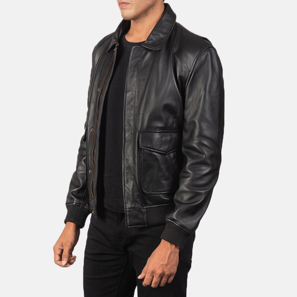 Coffmen Black A2 Leather Bomber Jacket - Kualited