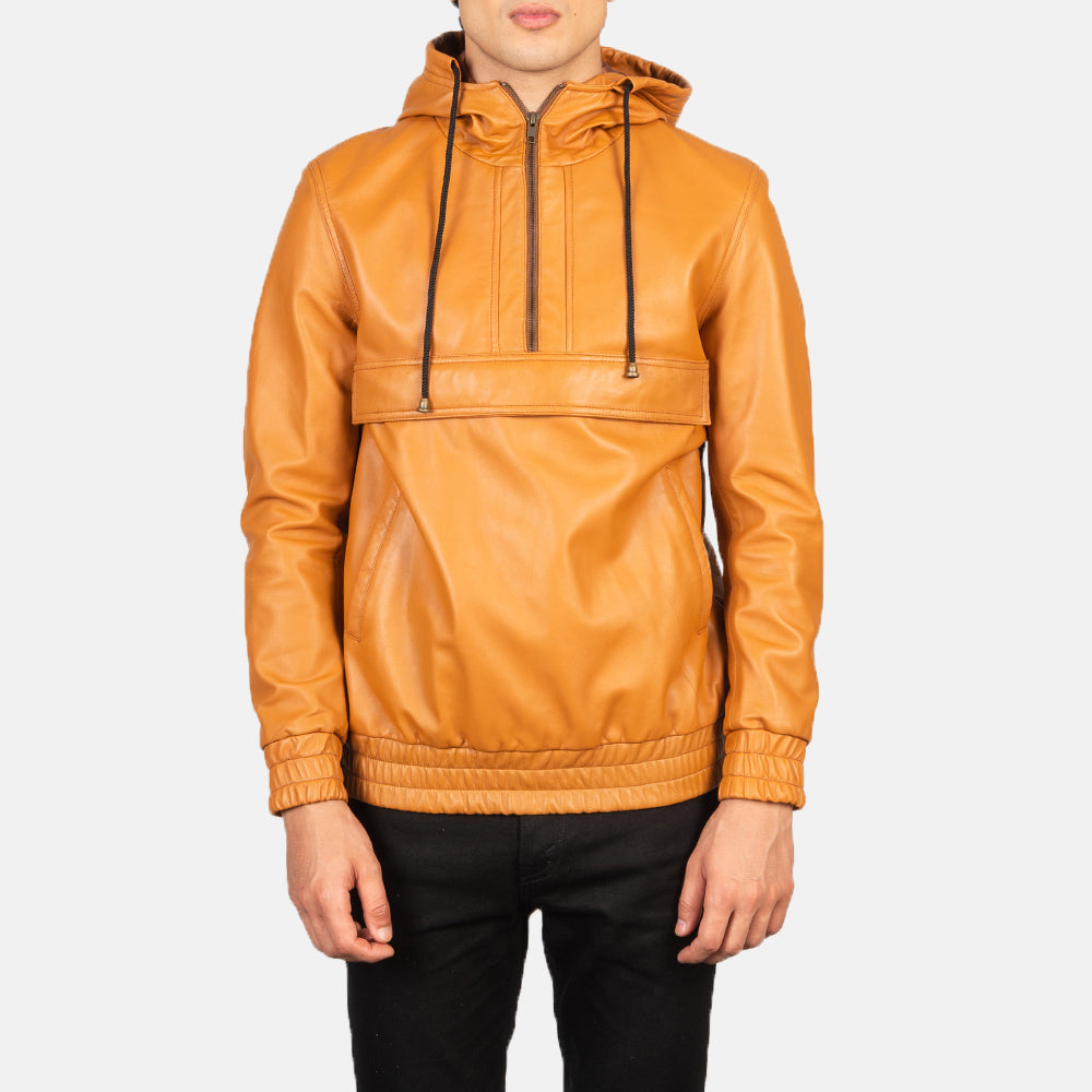 Kenton Hooded Brown Leather Pullover Jacket - Kualited