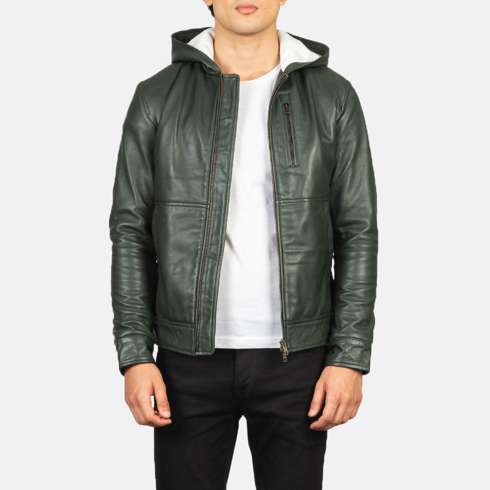 Baston Green Hooded Leather Bomber Jacket - Kualited