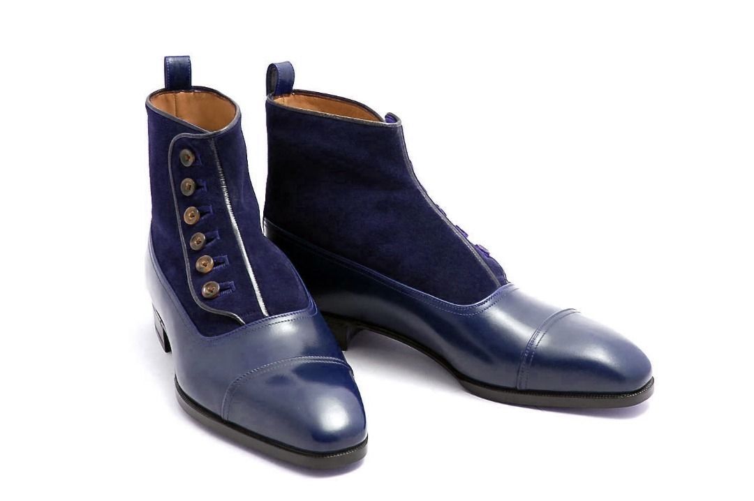 MENS HANDMADE FORMAL MEN BUTTON BOOT MEN NAVY BLUE ANKLE CAP TOE LEATHER BOOT