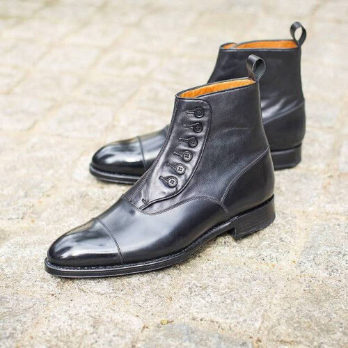 Handmade Men Black Leather Button Boots, Men Ankle Leather Button Boots Men boot