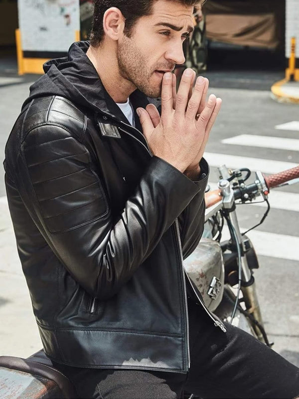 Men’s Black Leather Removable Hood Biker Jacket - Kualited