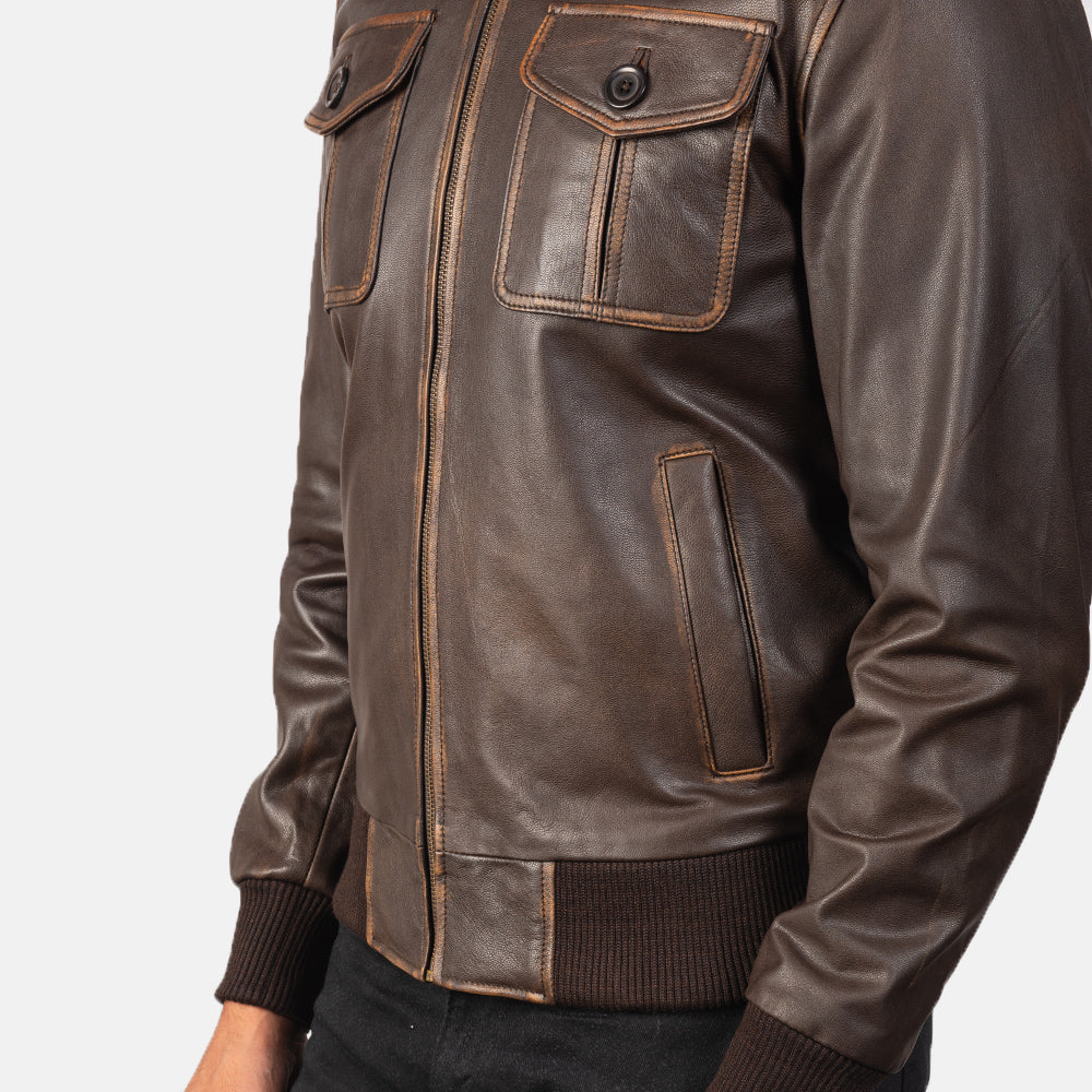 Aaron 100% Pure Genuine Real Leather Brown Leather Bomber Jacket - Kualited