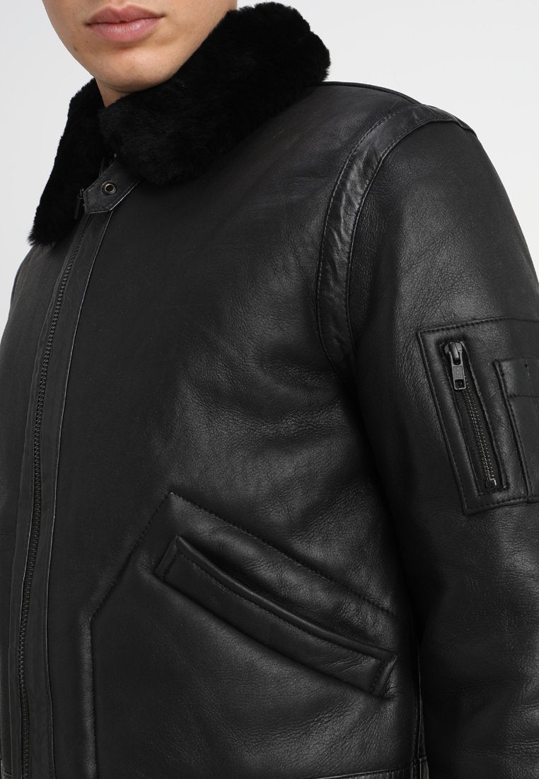 Men’s Aviator Black Leather Shearling Jacket - Kualited