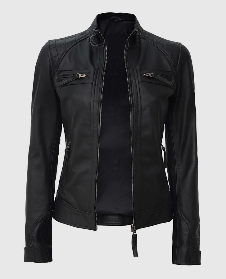 Women's Black Quilted Cafe Racer Leather Jacket