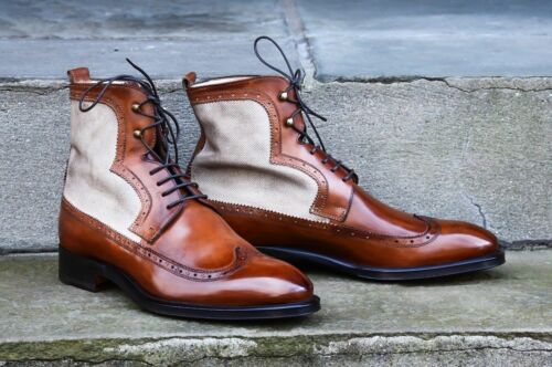 Handmade Men Two Tone Brown Wingtip Ankle High Lace Up Leather Boots For Men