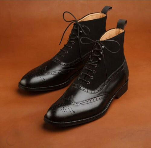 Handmade Men's Black wing tip brogue lace up leather boots, Men ankle high boots