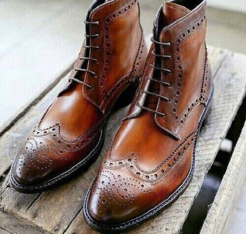 Men's Handmade Wingtip Dress Boots, Men's Leather Wingtip Ankle High Dress Boots